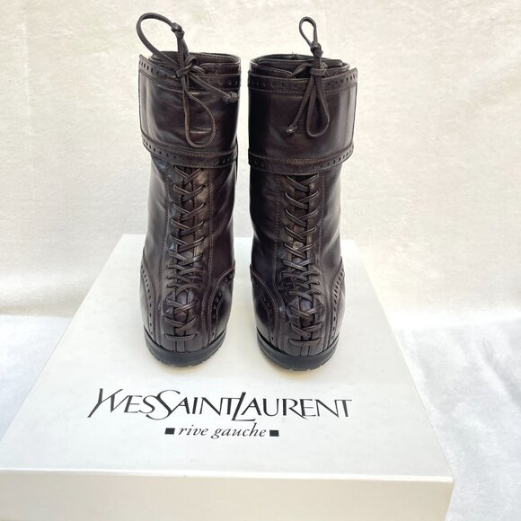 Auc YSL Tribtoo Brown Leather Platform Ankle Booties Boot 7,5 - Picture 8 of 14